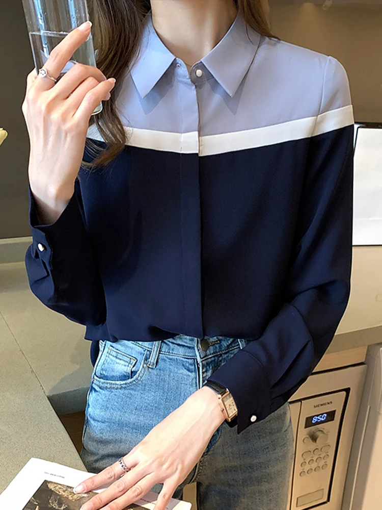 

Contrast Color Top Long Sleeve Shirts For Women 2022 Turn-down Collar Elegant Chiffon Women Blouses Korean Clothes Spring Autumn