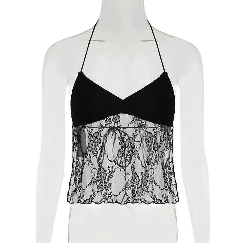 Camisola sexy con cordones y espalda descubierta para mujer, con retazos de encaje y cuello en V, top corto estilo halter Y2K, estilo urbano festivo