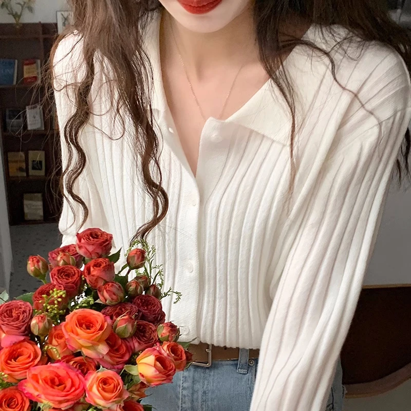 Elegant Turndown Collar Long Sleeved Knitted Cardigan Autumn/winter Retro Sweater Cardigan Casual Solid Slim Fit Top for Women