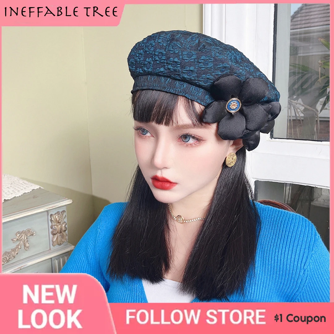 

Blue Black Spring Autumn Winter New Sweet Wind Socialite Retro Elegant Big 3D Flowers Hat Beret Gorras for Women Painter