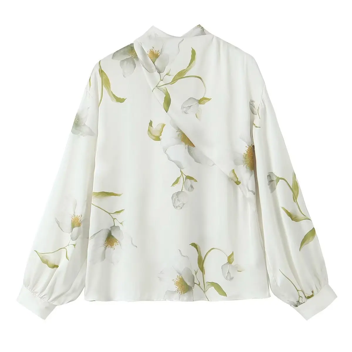 

TRAF Women Fashion Floral Print Back Bow Tied Satin Smock Blouse Office Lady Chic Elegant Long Sleeve Shirt Blusas Tops