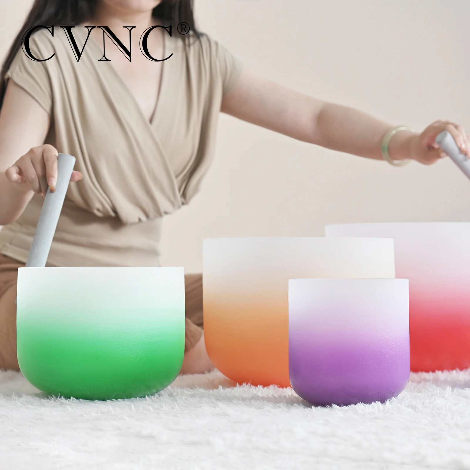 CVNC 6-12" Half Color Aria Gradient Design Frosted Quartz Crystal Singing Bowl Chakra set 7pcs for Sound Healing with Bags