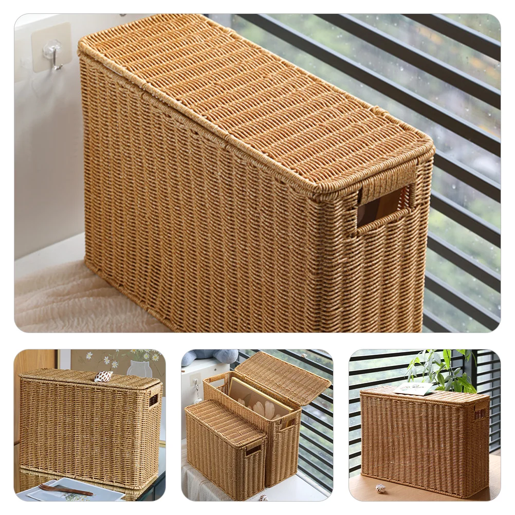 Wicker Storage Baskets Lids Rectangular Woven Shelf Baskets Rattan Storage Bins Laundry Hamper Magazine Basket Narrow