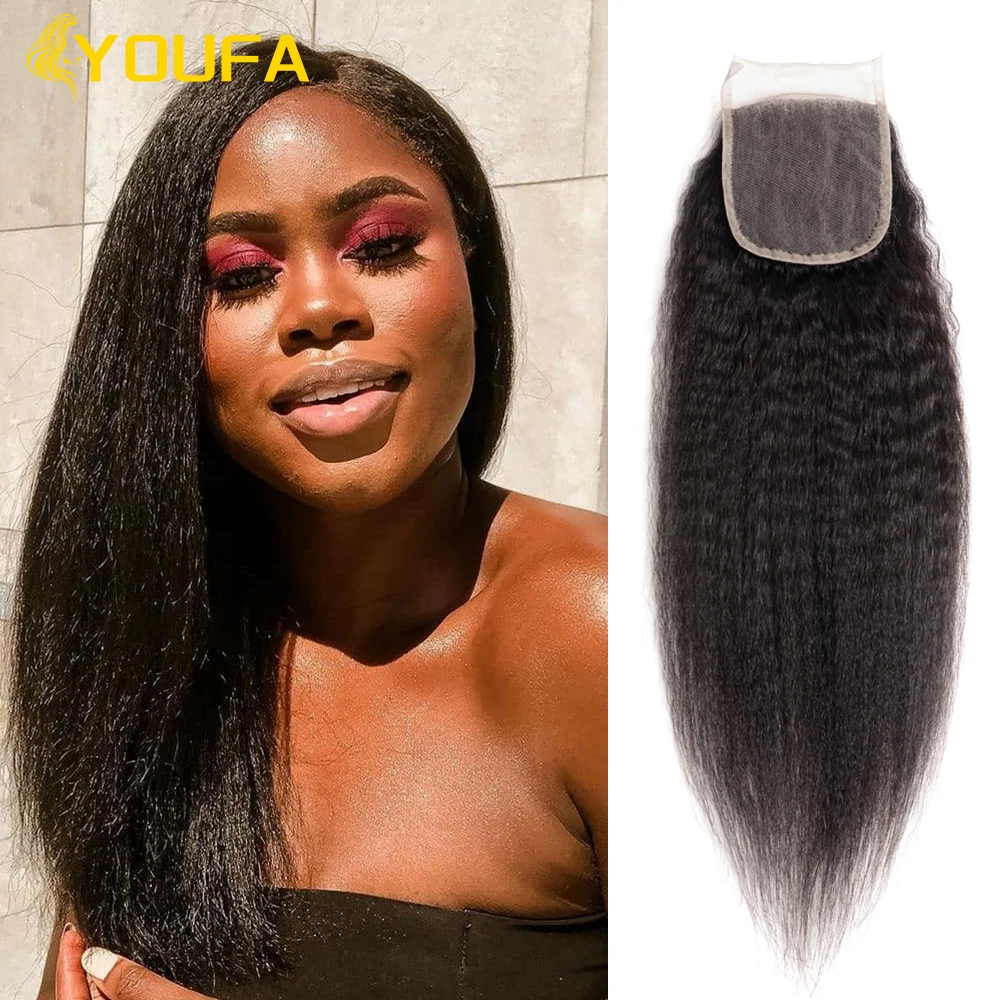 YOUFA Kinky Straight Lace Closure With Baby Hair Human Hair Closures Bouncy Coarse Yaki 4x4 Lace Closure For Black Women