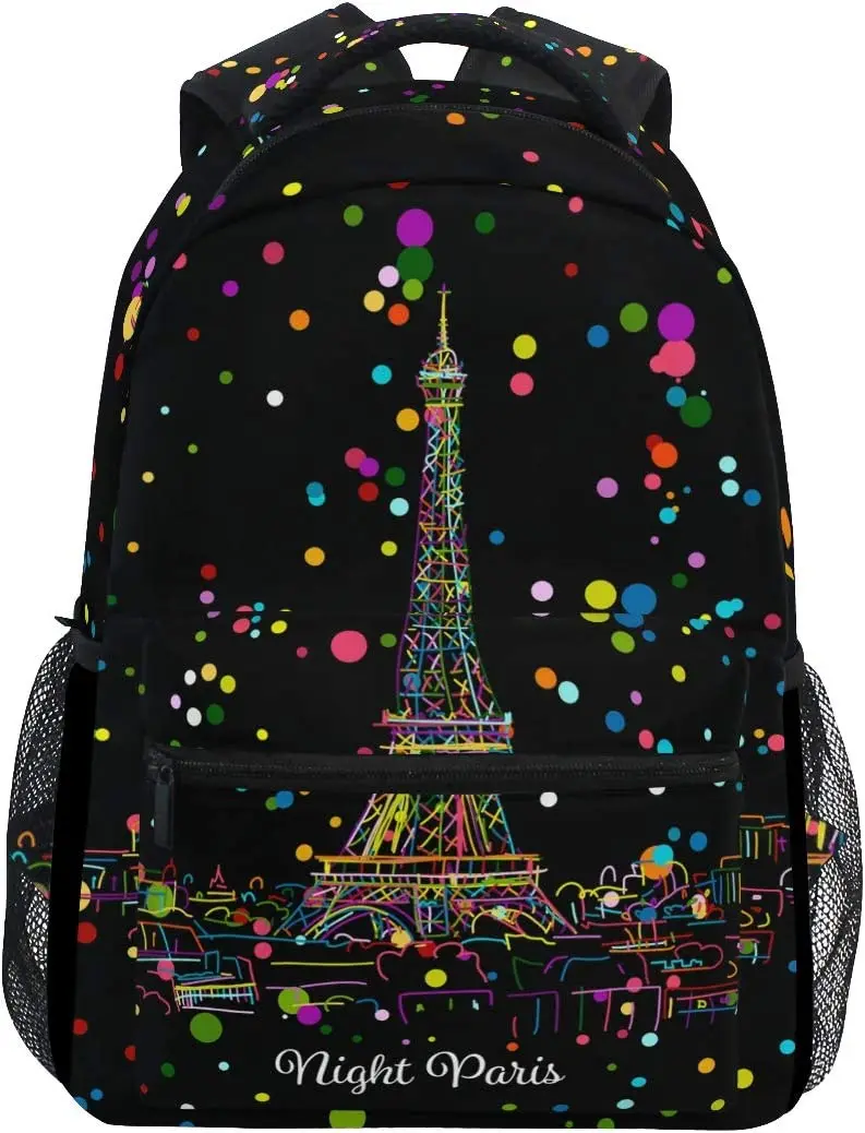 

Night Paris Eifel Tower Colorful Polka Dot Stylish Large Backpack Personalized Laptop Tablet Travel School Bag for Men Women