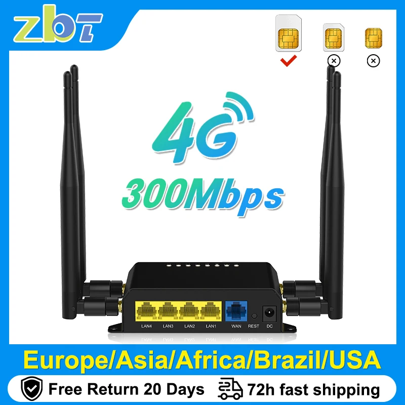 ZBT WE826-T2 WiFi Router 4G LTE Modem 3G 4G Wi-Fi With SIM Card Slot 300Mbps Access Point Openwrt 128MB USB Wan 4*LAN 4*Antenna