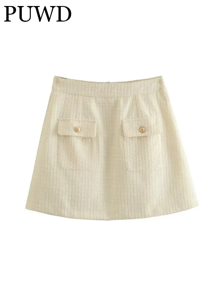 

ZACK RAIN Women Beige Texture Mini Skirts 2023 Summer Vintage Ladies High Waist Zipper Solid Color Skirts Female Chic Bottoms