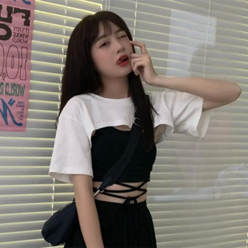 여성용 섹시한 마이크로 짧은 티셔츠, 캐주얼 반팔, 크루탑 티, 2024 여름 여성용 블랙 짧은 티셔츠
