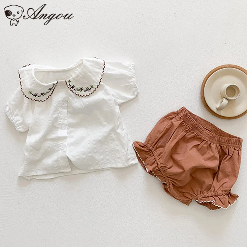 

Korean Style Toddler Girls Flowers Suit Girls Short Sleeves Top+Bread Shorts Set Embroidered Girls Casual Suit Summer Clothing