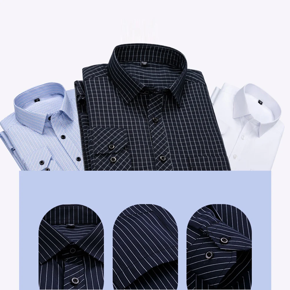 Men's Fashion Long Sleeve Shirts Autumn Casual Business All-match Plaid Stripe Lapel Collar Shirt Man Tops
