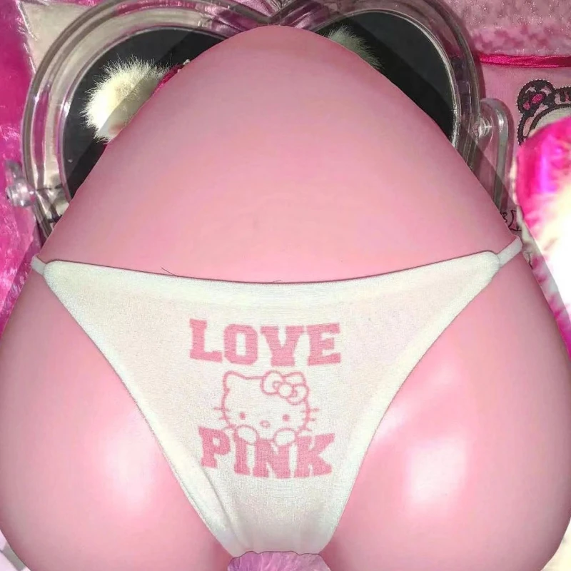 

Kawaii Solid Color Hello Kitty Lace-up Panties Hot Girl Printed Low Waist Double Layer Milk Silk T-Back T-Shaped Panties