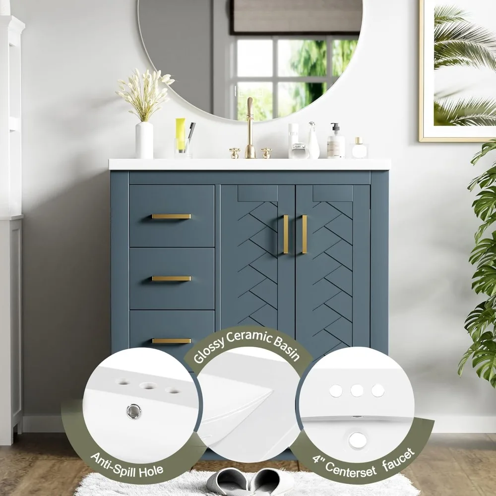 Herringbone Single Sink Bathroom Vanity, 30" Modern Bathroom Vanity Storage Cabinet with 3 Drawers and 2 Doors, Solid Wood Frame 6