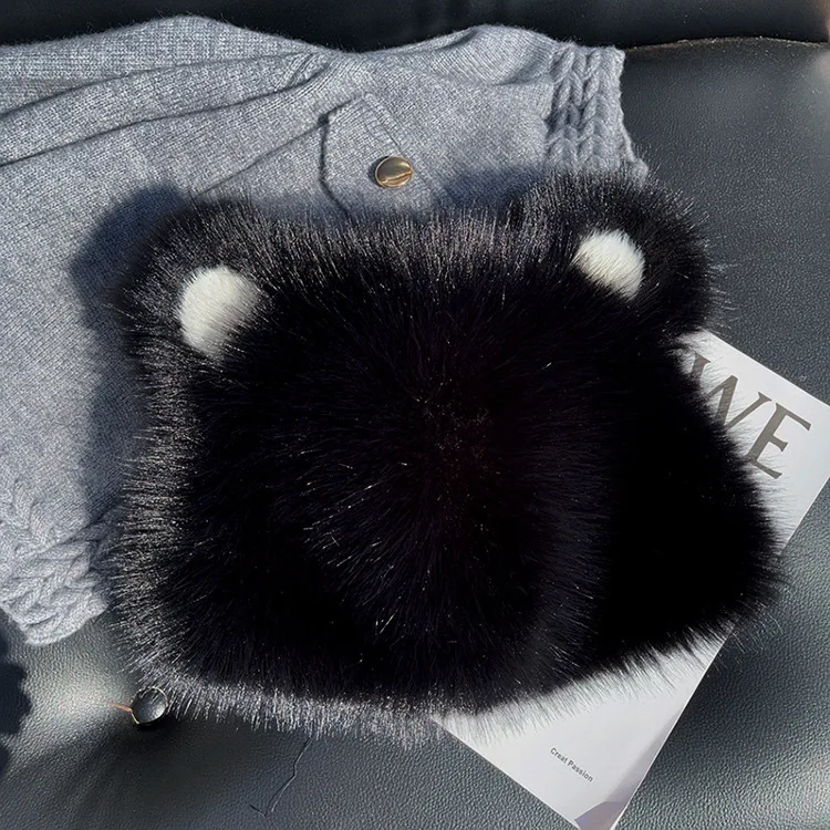 Women's Fashion Bear Ear Fur Cap Fur Hat Autumn and Winter Fur Hats Mongolian Hat Brimless Plush Fluffy Skiing Riding Warm Caps