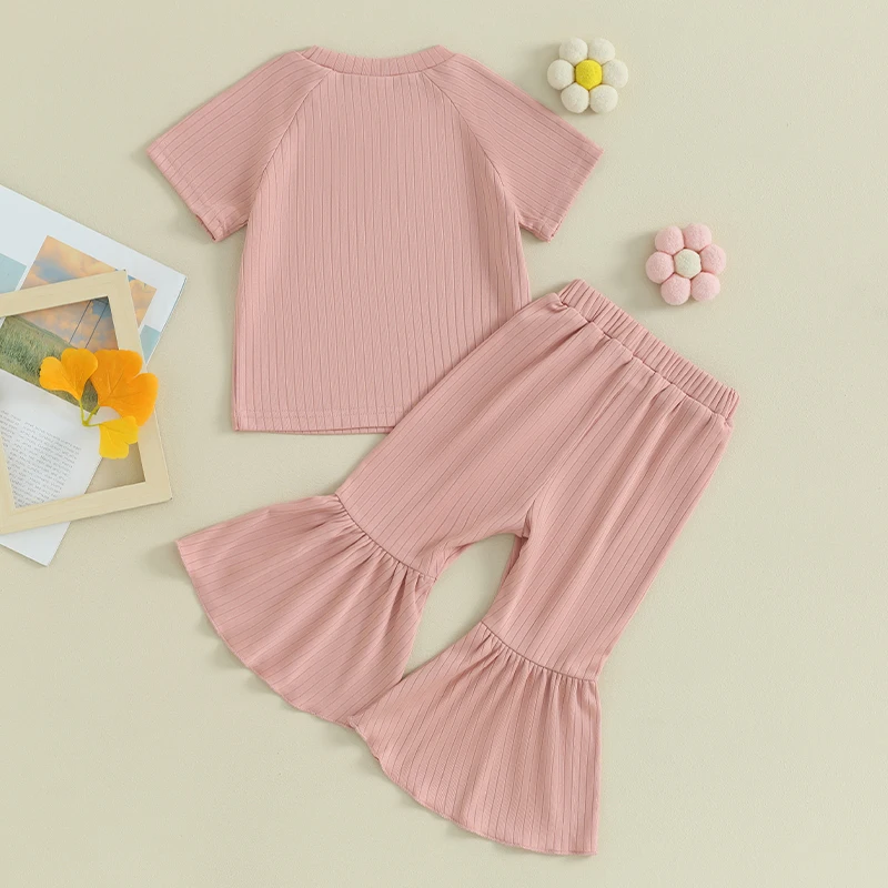 

Toddler Girl Summer Outfits Short Sleeve Ribbed Knit Tops T-Shirts Solid Color Elastic Waist Flare Pants 2Pcs Clothes Set