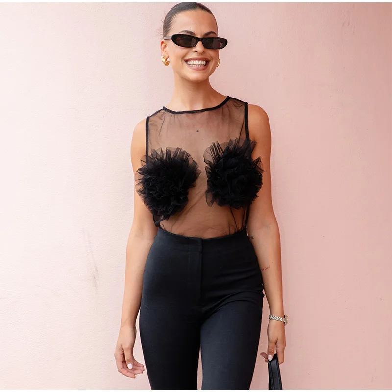 Sexy Mesh Hollow Out Vests Women Vintage 3D Flowers Sleeveless Solid Smock Vest Top Female Spring Elegant Chic Street Tops