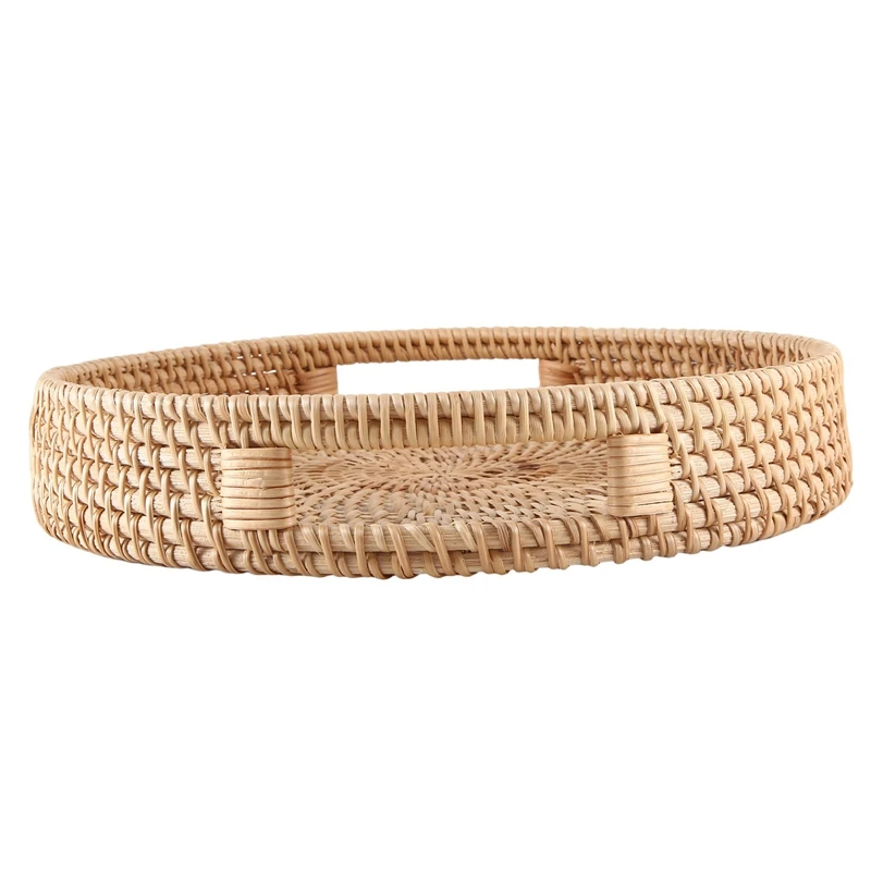 Round Rattan Serving Tray Decorative Woven Ottoman Trays With Handles For Coffee Table Natural 5