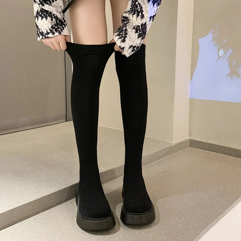 Women high heel boots Autumn Winter Women Platform Over The Knee Boots Ladies Stretch Knitted Socks Long Boots Slip-On Thick Bottom Shoes Woman