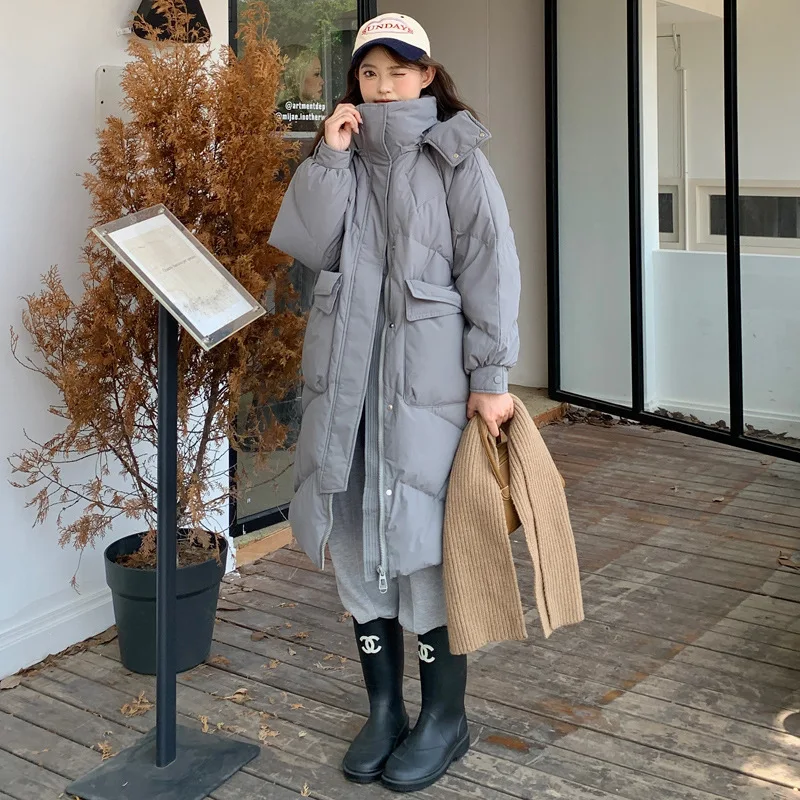 

Women's Winter Long Down Jacket with Hood Large Pockets Korean Fashion Loose Thick Cotton Padded Puffer Down Coat Jacket Clothes
