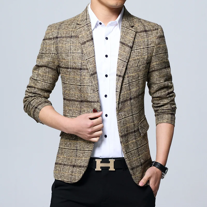 Fashion Plaid Men's Blazers Autumn Single Button Blue Khaki Gray Young Man Clothing Casual Business Slim Fit Male Suits Jacket