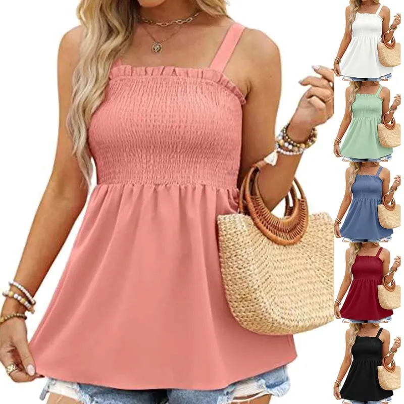 

Women's Tie Shoulder Frill Shirred Ruffle Hem Sleeveless Strappy Cami Blouse Peplum Top