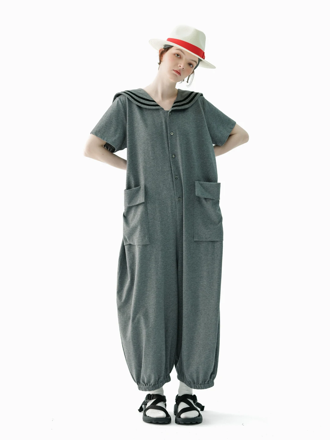 IMAKOKONI original design summer short sleeve single breasted romper Grey striped pockets loose fashion romper women 234145