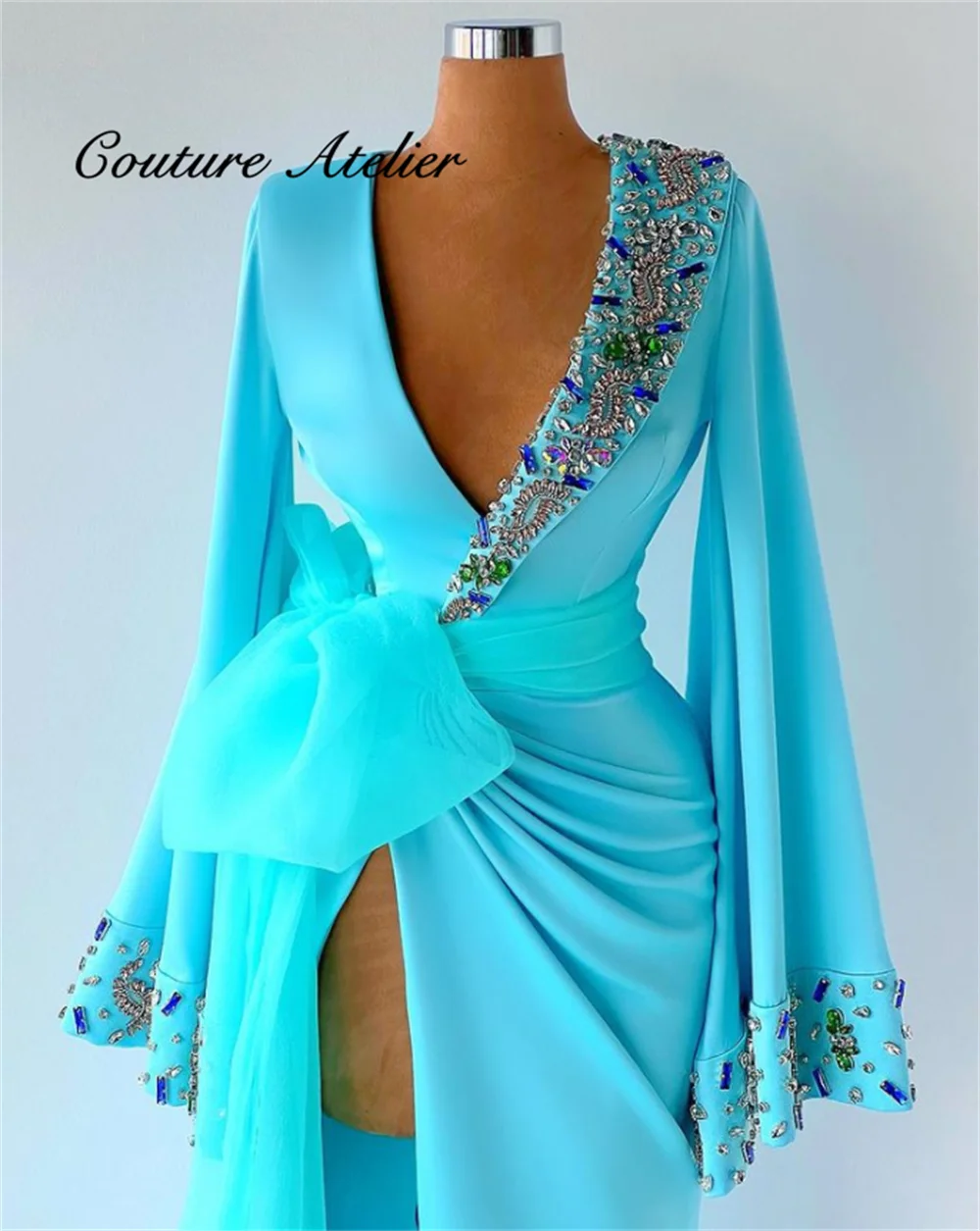 

Long Sleeve Prom Dresses For Wedding Evening Elegant Graduations Dress Satin Formal Gown Beaded Slit vestido festa luxo