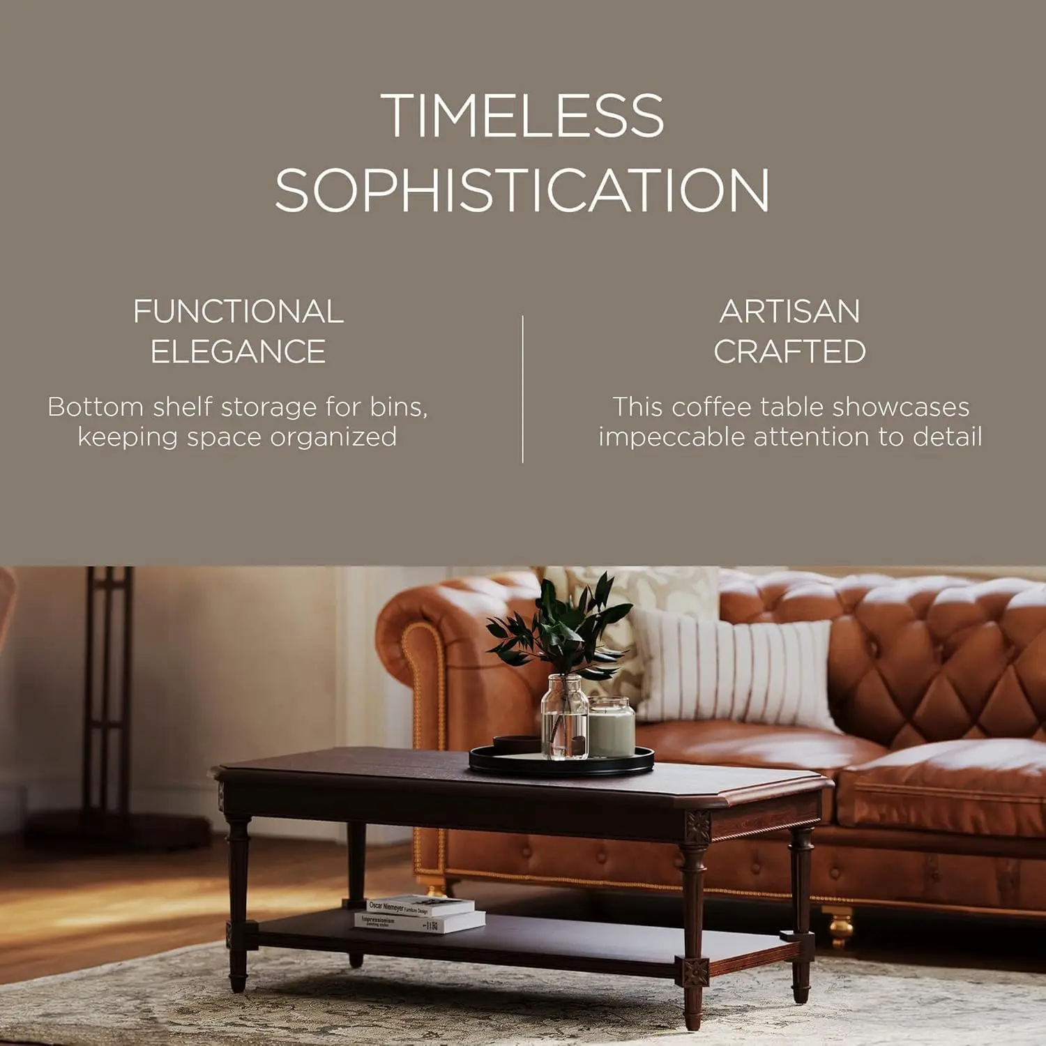 Pullman Large Rectangular Wooden Coffee Table in Antiqued Brown 2 Tier Traditional Center Shelf Storage Rustic Finish