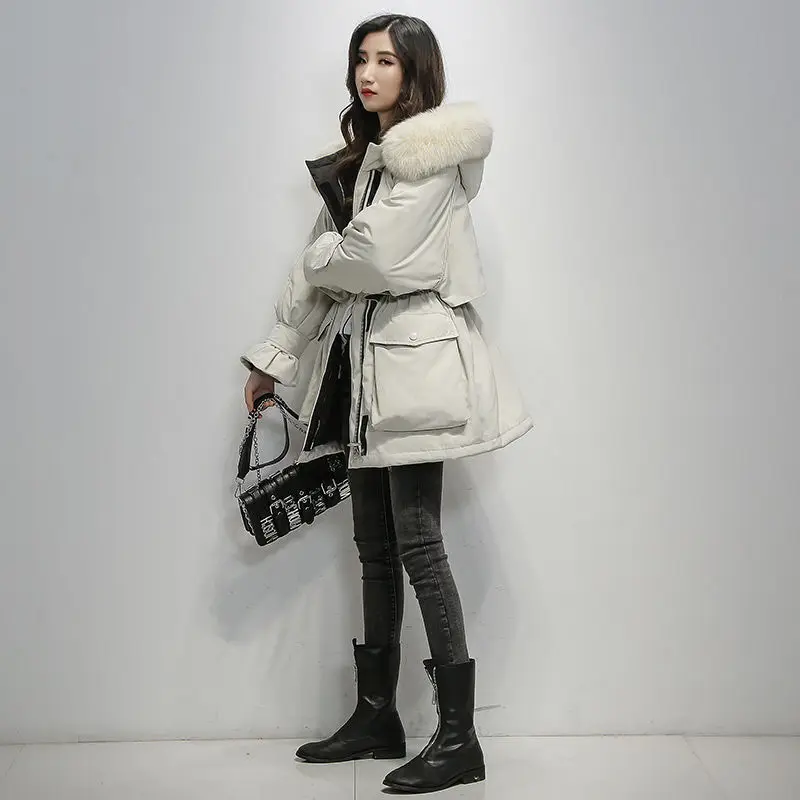 Women's real fox fur white duck down pike down jacket mid-length section 2022 new loose thickened Korean version of large size