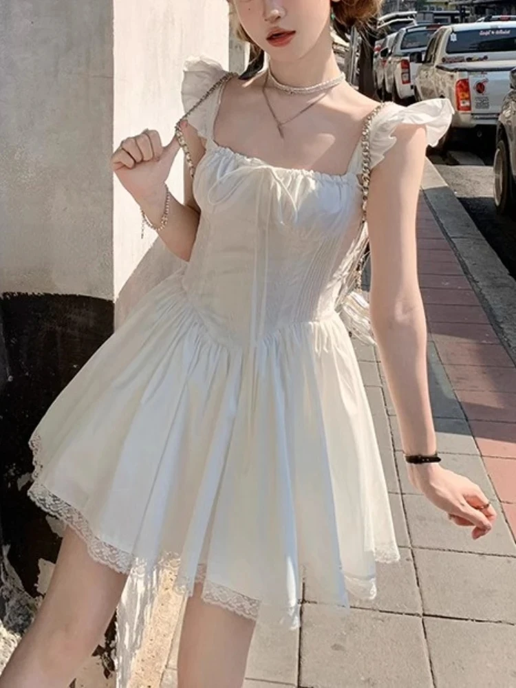 

Summer Kawaii Fairy One Piece Dress Women Preppy Style Lace Casual Slim Party Dresses Female YK2 Korean Fashion Sweet Dress New