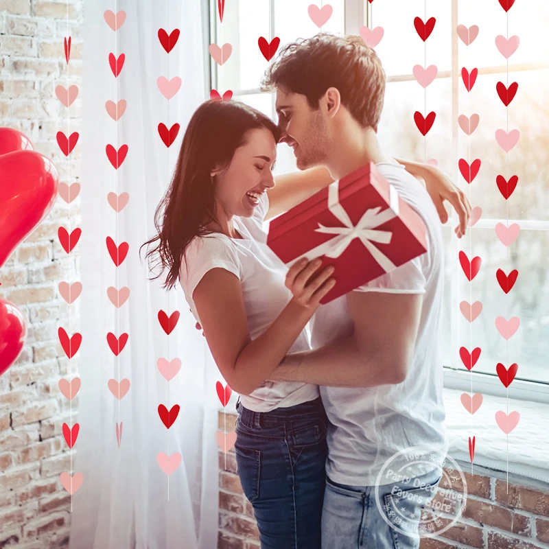 Red Pink Heart Garland String Valentines Day Decoration Wedding Anniversary Home Wall Hanging Paper Banner Flag Birthday Party