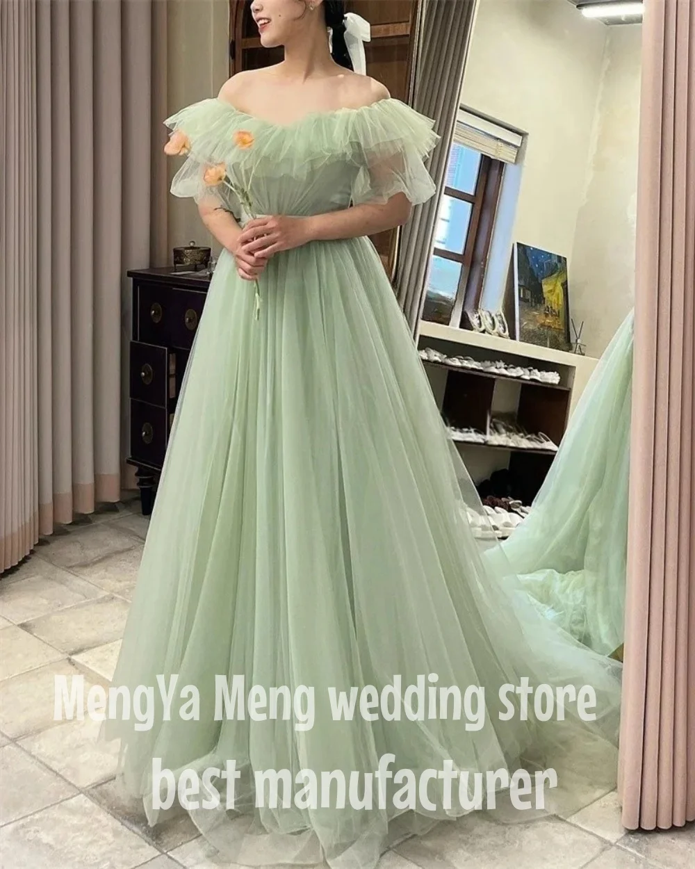 ZHUISHU 2025 Fairy Tulle Green Korea Wedding Party Dress Photo shoot Sleeves Tulle Prom Evening Gowns Bridal Dress Lace Up Back 1
