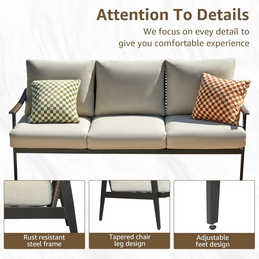 Patio 3 Seats Sofa Outdoor Loveseat,Patio Furniture Metal Outdoor Sofa with Wicker Backrest & 6 Inches Cushion,Outdoor Furniture 4