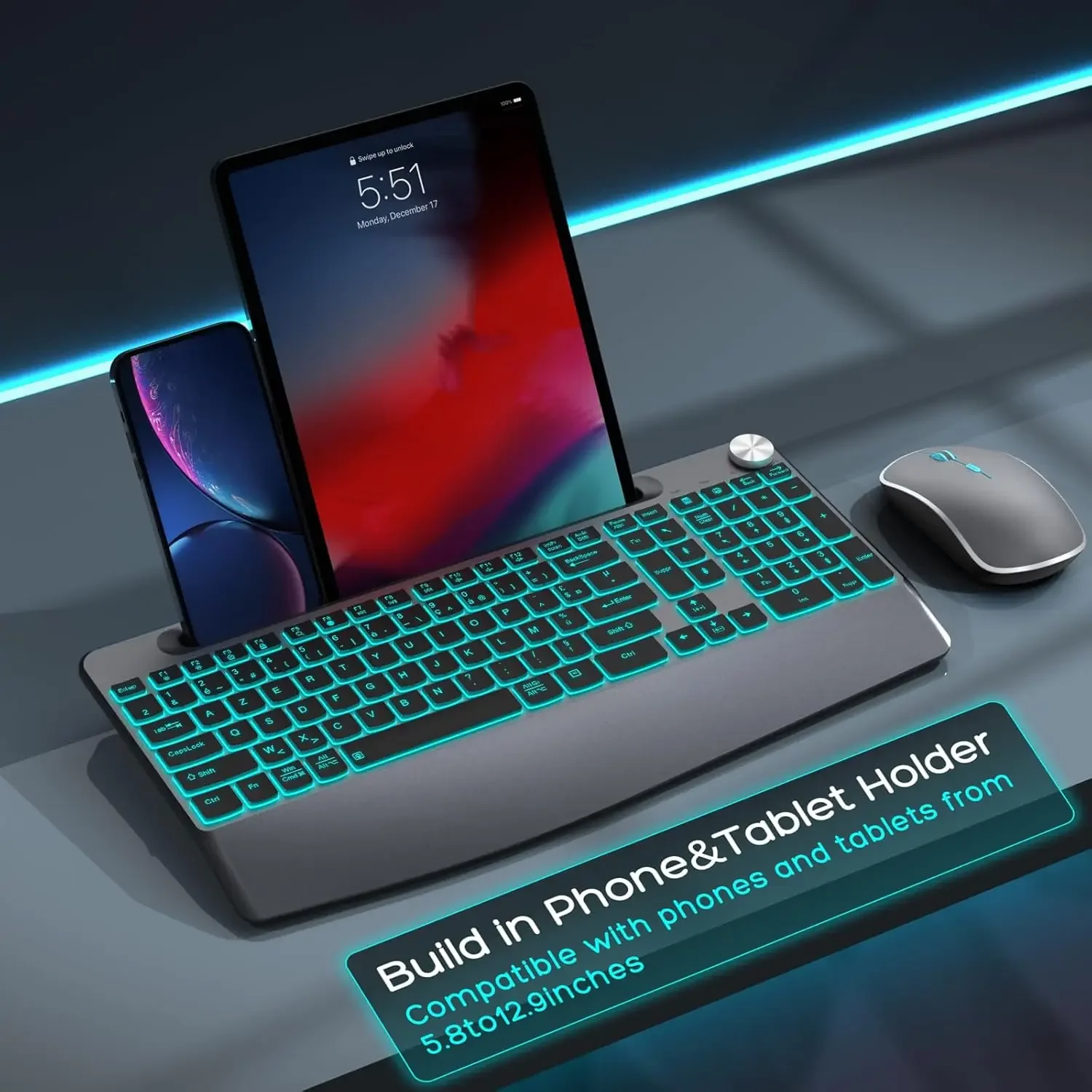휴대폰용 손 받침대가 있는 무선 백라이트 키보드 PC Mac Windows와 호환 가능 - 무선 마우스 포함