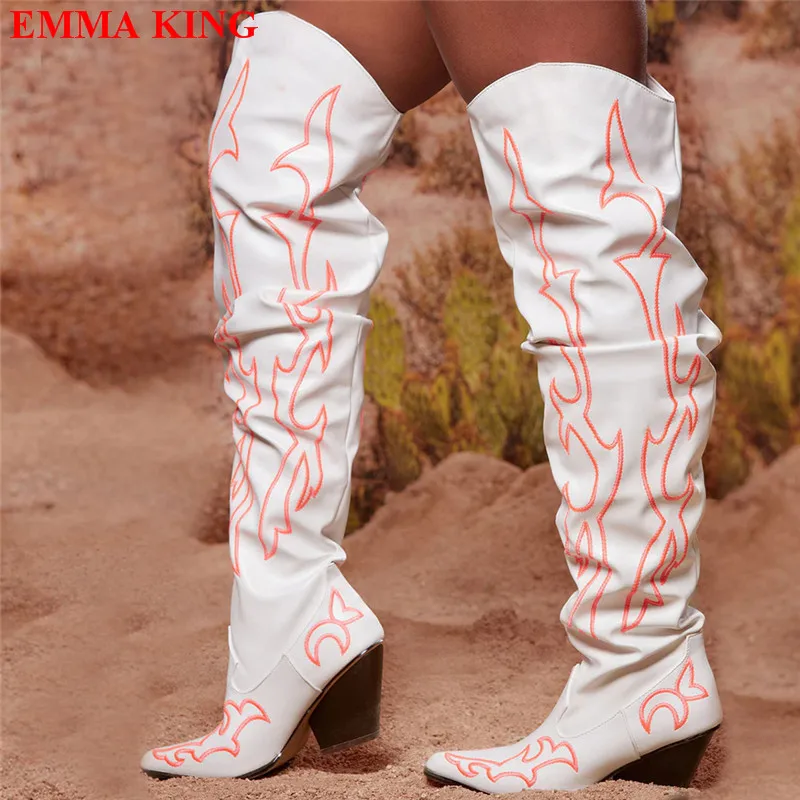 

Cowboy Cowgirl Boots For Women 2023 Fashion Embroidered Pointed Toe Chunky High Heel Over The Knee Boots Thigh High Boots Women