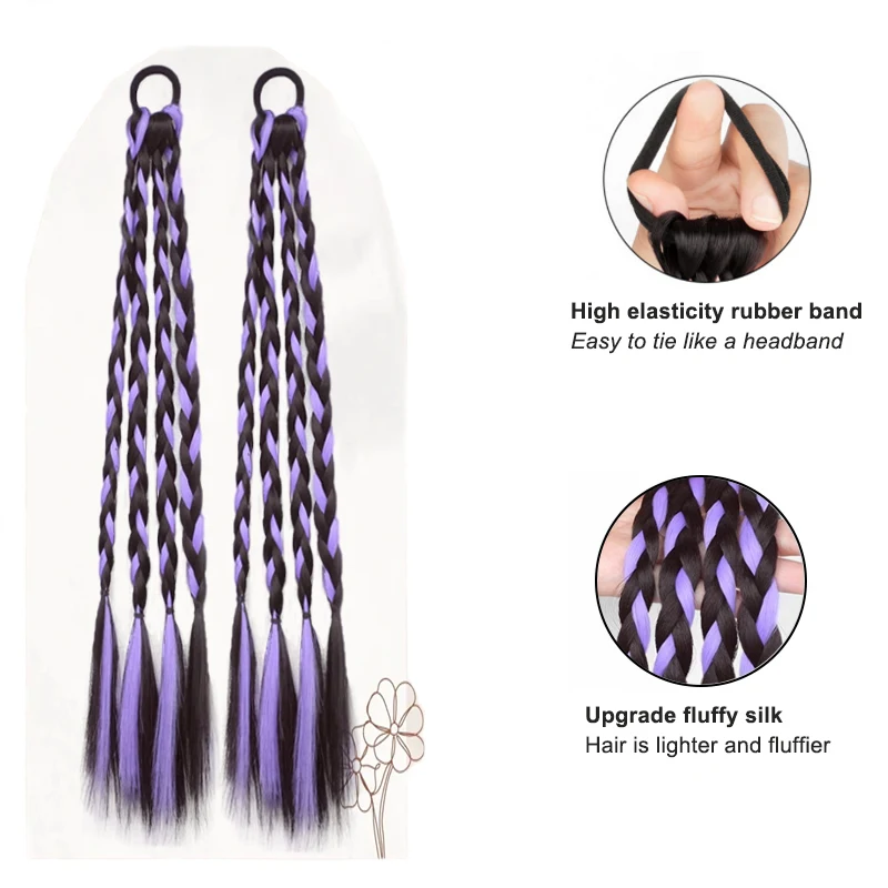 LUPU 2 Colorful Braided Ponytail Extensions with Rubber Bands - Fun Hair Accessory Gift for All Girls