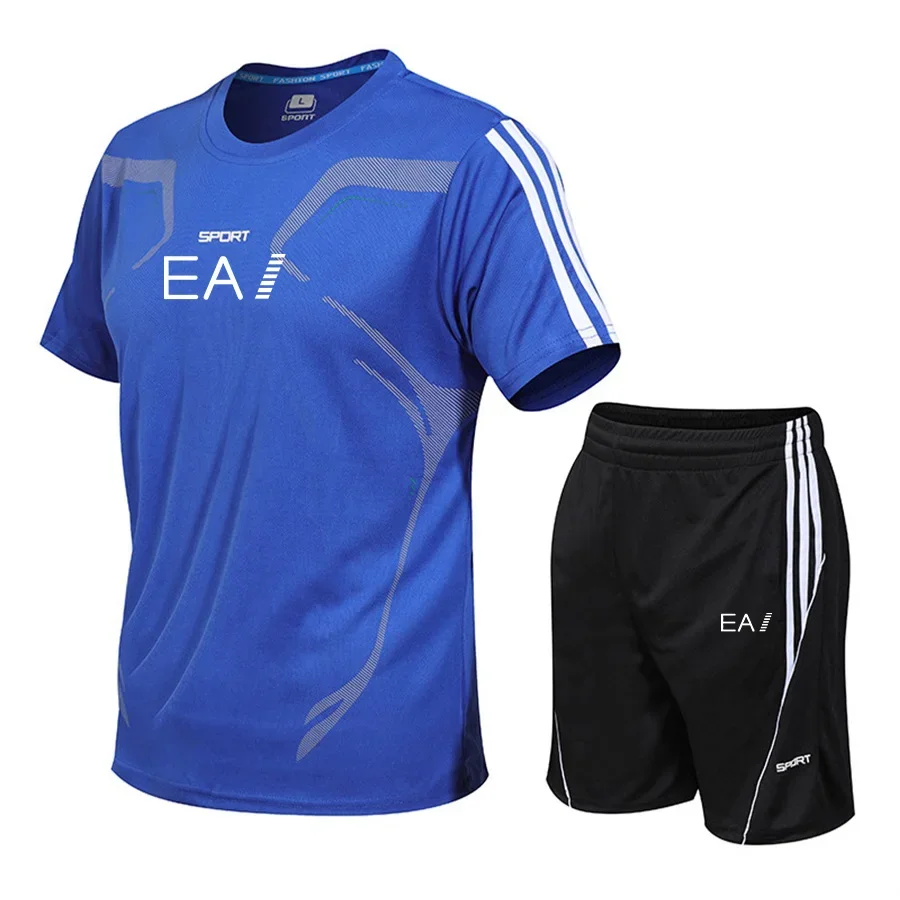 2025 Men's fashion fast drying short-sleeved T-shirt + shorts two-piece summer breathable leisure fitness jogging suit 2