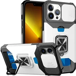 Shockproof Armor Phone Case with Card Slot, Ring Holder, and Slide Camera Cover - iPhone 12 Mini (Silver)