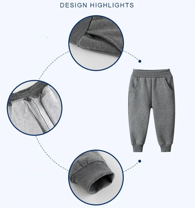 Children Trousers for Boys Autumn Winter Fleece Thickening Solid Blue Black Grey Sport Casual Long Pants for