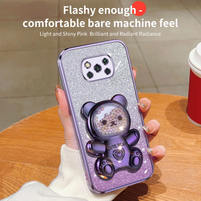 pokox3 x5 Quicksand Bear Glitter Holder Phone Case On For Xiaomi Mi Poco X5 GT NFC X3 M4 M3 M2 Pro Stand Cover F4 F5 F2_voghion.com