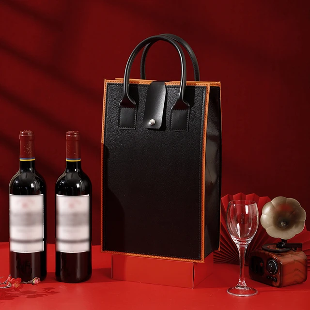 Sac à Vin En Cuir Synthétique – Pour Bouteille 750 Ml, Design Minimaliste, Rouge/noir/orange