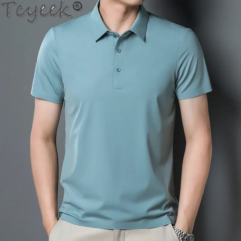 

Tcyeek Slim 100% Mulberry Silk Shirt Men Polo Shirts Short Sleeves Tops Men T Shirts Business Casual Male Tees Polos Para Hombre