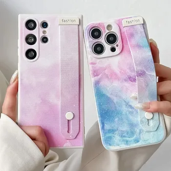 SoCouple Marble Pattern Wrist Strap Case for Samsung S23 S24 S22 S20 S21 FE Plus Ultra Note 10 20 Ultra Soft Phone Holder Cover