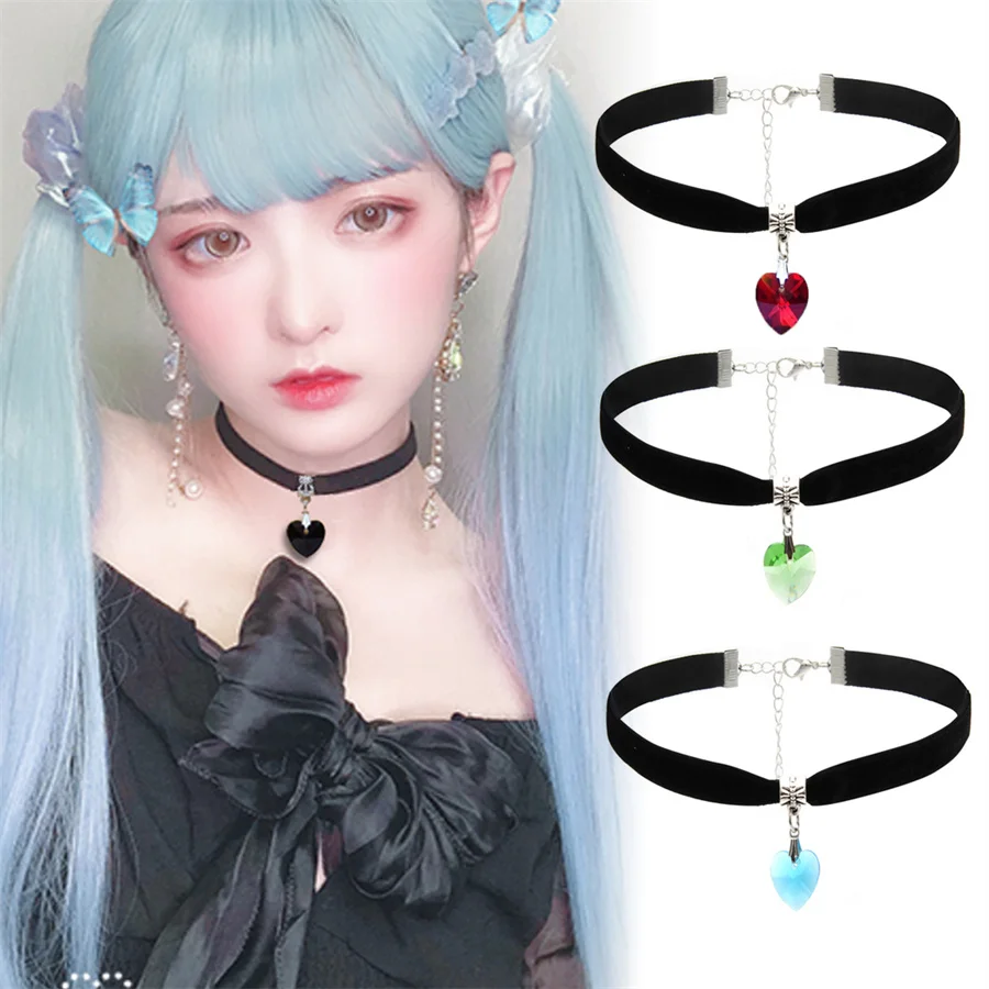 

Fashion Velvet Choker Heart Shaped Crystal Pendant Black Flannel Neck Chains Harajuku Choker Necklaces Ribbon Clavicle Chain