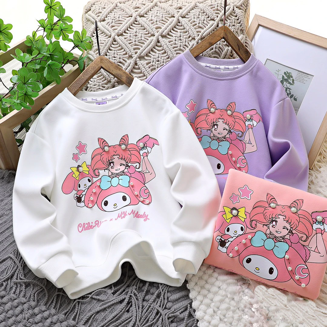 

Sanrio My Melody Girls Jacket Round Neck Sweater Kawaii Long Sleeve Cartoon Anime Loose Casual Autumn Spring Children's Clothing