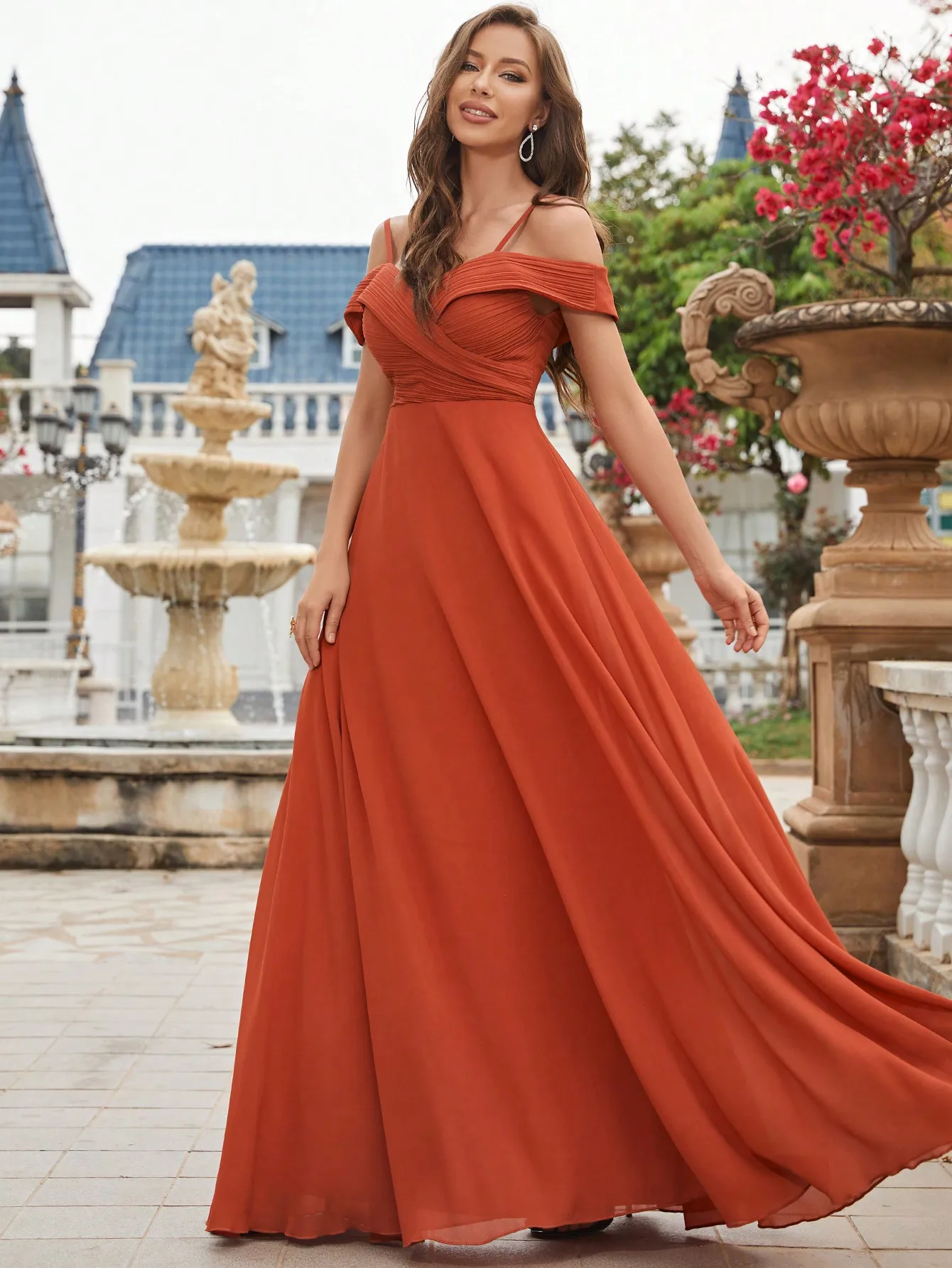 Unithorse Cold Shoulder Ruched Floor Length Chiffon Bridesmaid Dress