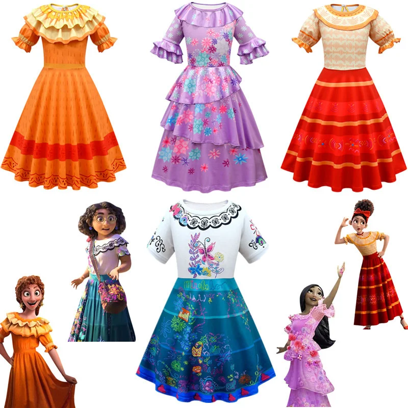 Girl Dress Encantoing Mirabel Madrigal Pepa Isabela Dolores Cosplay Costume Children Birthday Halloween Carnival Party Clothing