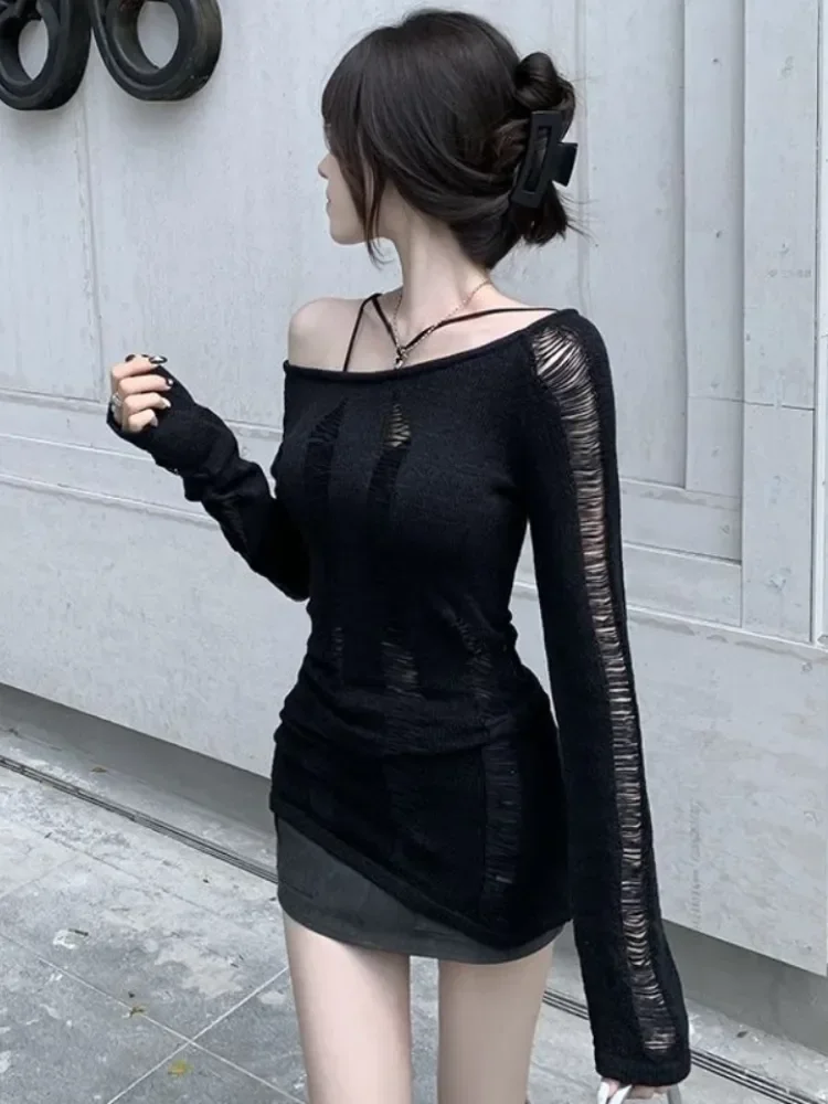 여성용 빈티지 중공 니트 스웨터, 하라주쿠 섹시 슬림 오프 숄더 점퍼, 한국 긴팔 상의, 케이팝 그런지, Y2K