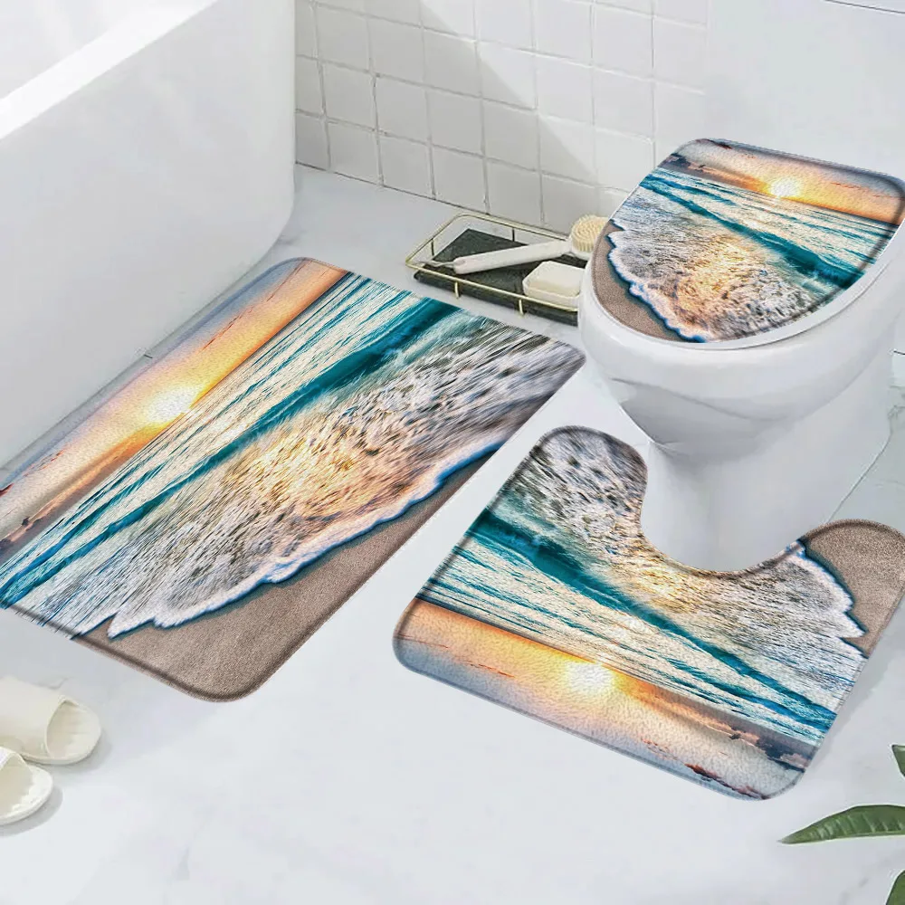 

Коврики для ванной с морским пейзажем, пляжем, природным пейзажем, плюшевый напольный коврик с тропическими пальмовыми листьями, чехлы для унитаза, набор ковриков и ковриков для ванной комнаты