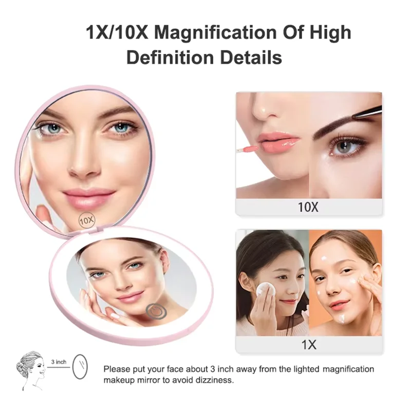 1X/10X Magnification LED Pocket Compact Cosmetic Mirror Rechargeable Slim Travel Makeup Mirror with Lights Portable Double Sided
