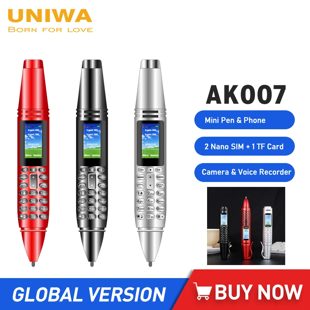 Uniwa Ak007 2G Mini Penna Telefono Dual Nano Sim Cellulare 0.96 "550Mah Telefono Cellulare Bluetooth Dialer 0.08Mp Fotocamera Registratore Vocale